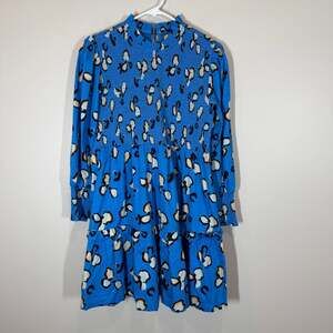 Briton Court Blue Animal Print Smocked Long Sleeve Tiered Mini Dress Small